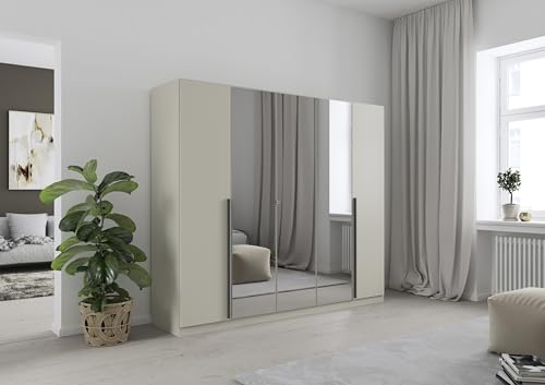 Rauch Möbel Alba Kleiderschrank 5-türig mit Spiegel – 3 Stangen, 3 Böden, Champagner/Beige, 226×197×54