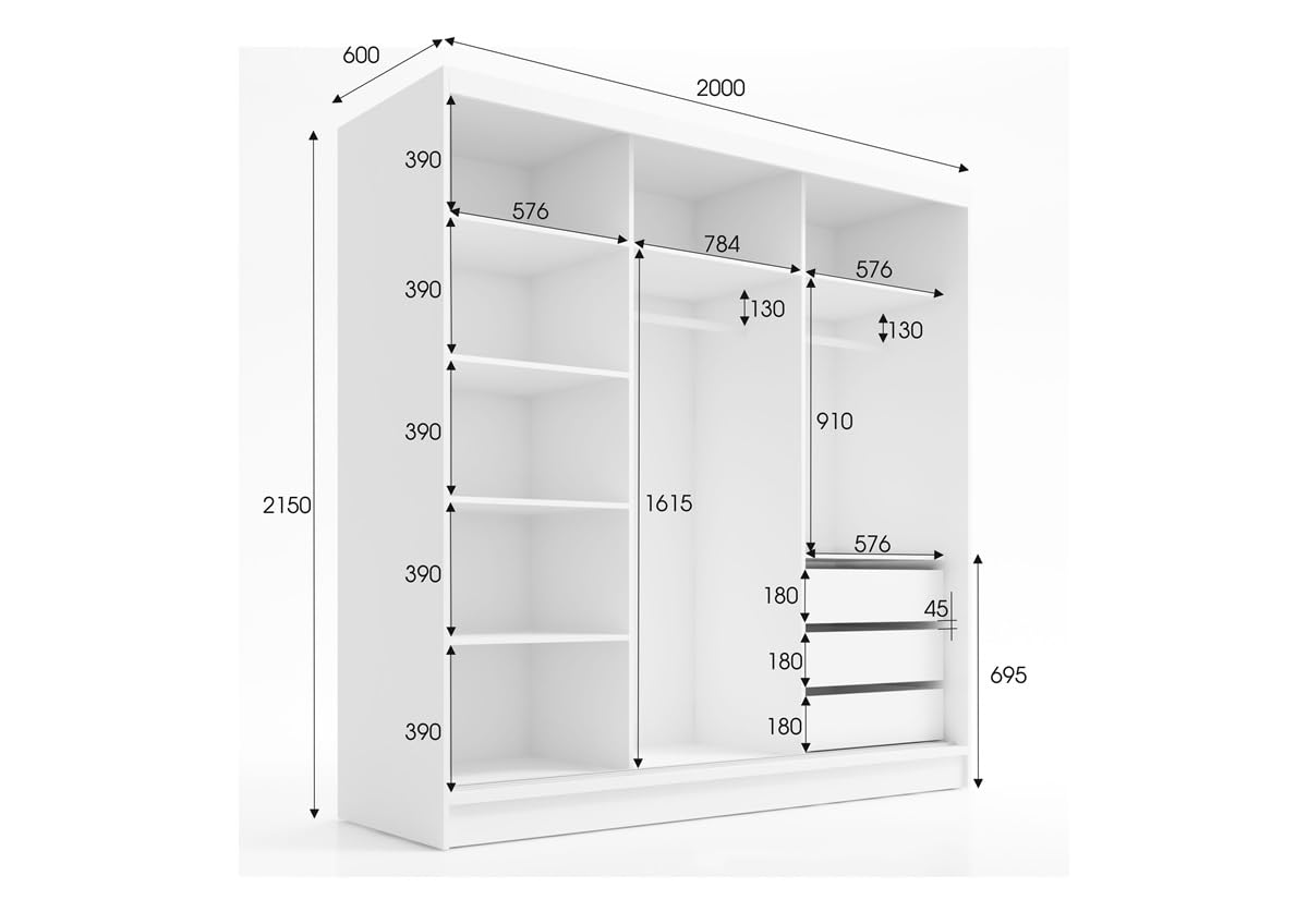 A&J MöbelLand Nero Schwebetürenschrank 200 cm – 2 Türen, Schubladen + Spiegel, Weiß/Sonoma