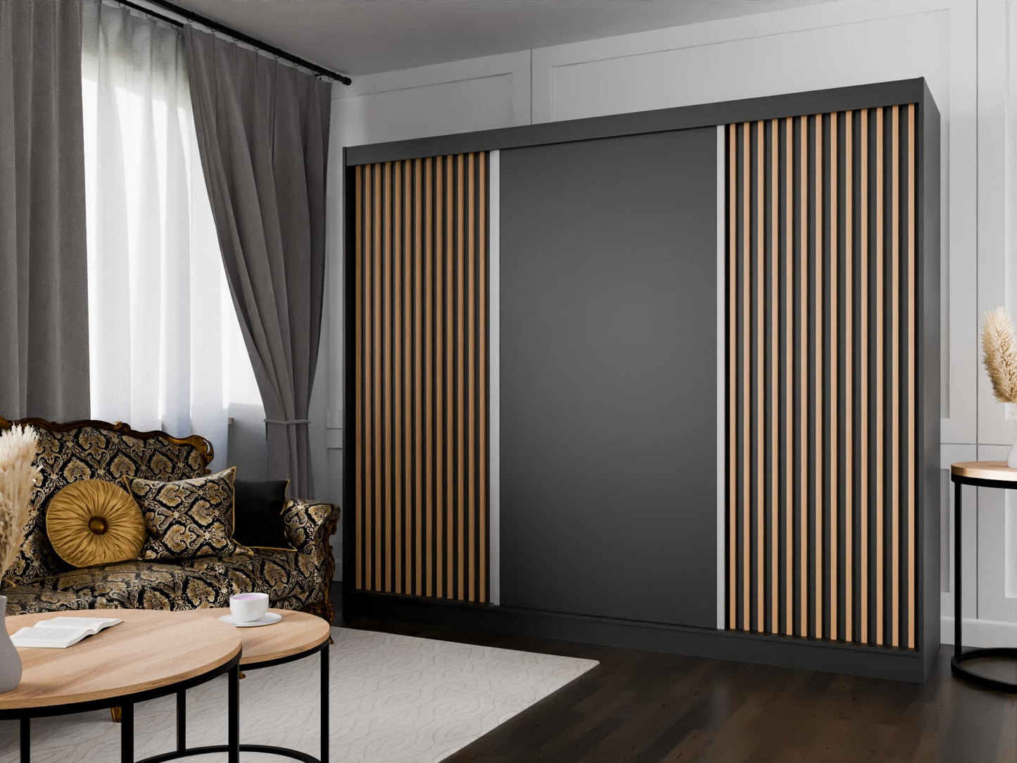 Hadas24 Kleiderschrank Lili Schwebetür – Lamellen, Kleiderstange, 250 cm, Schwarz/Braun