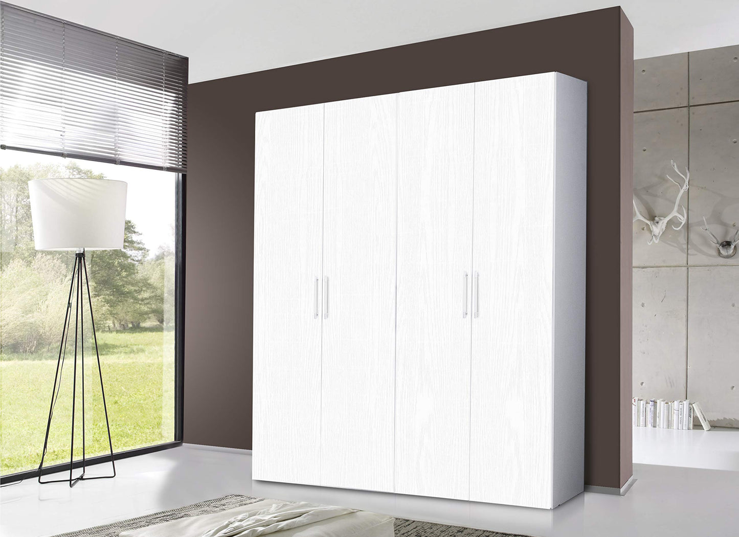 Dmora Kleiderschrank 4-türig Asche Weiß – mit Kleiderstange, 180×247×58 cm