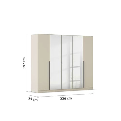 Rauch Möbel Alba Kleiderschrank 5-türig mit Spiegel – 3 Stangen, 3 Böden, Champagner/Beige, 226×197×54