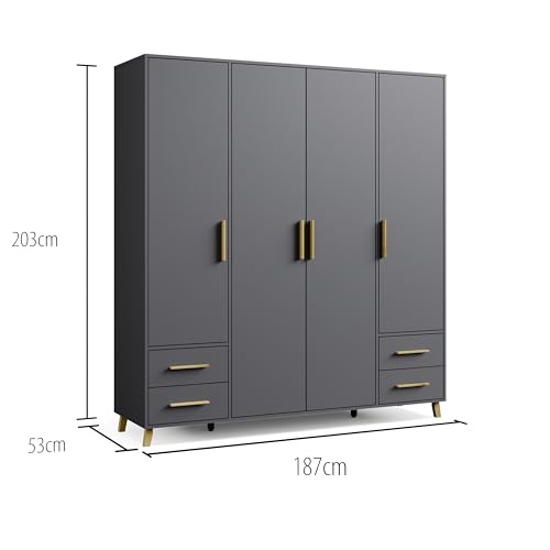Rauch Möbel Shinjo Kleiderschrank 4-türig – 4 Schubladen, Massivholzfüße, Grau metallic/Schwarz, 187×203×53