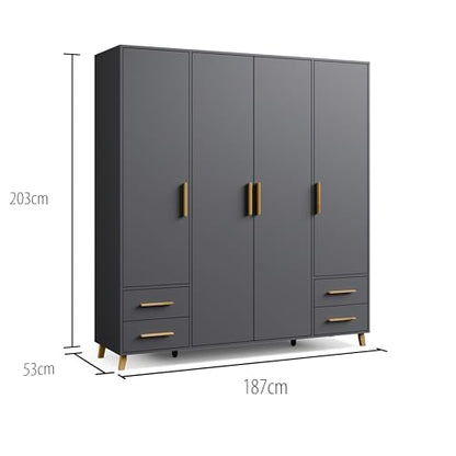 Rauch Möbel Shinjo Kleiderschrank 4-türig – 4 Schubladen, Massivholzfüße, Grau metallic/Schwarz, 187×203×53