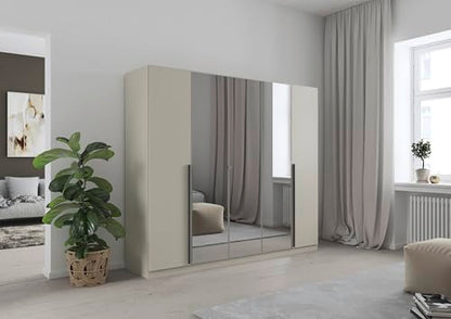 Rauch Möbel Alba Kleiderschrank 5-türig mit Spiegel – 3 Stangen, 3 Böden, Champagner/Beige, 226×197×54
