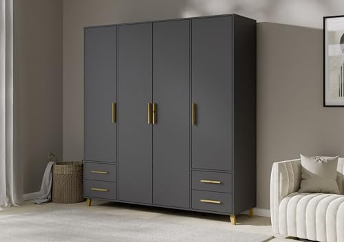 Rauch Möbel Shinjo Kleiderschrank 4-türig – 4 Schubladen, Massivholzfüße, Grau metallic/Schwarz, 187×203×53
