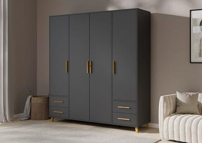 Rauch Möbel Shinjo Kleiderschrank 4-türig – 4 Schubladen, Massivholzfüße, Grau metallic/Schwarz, 187×203×53