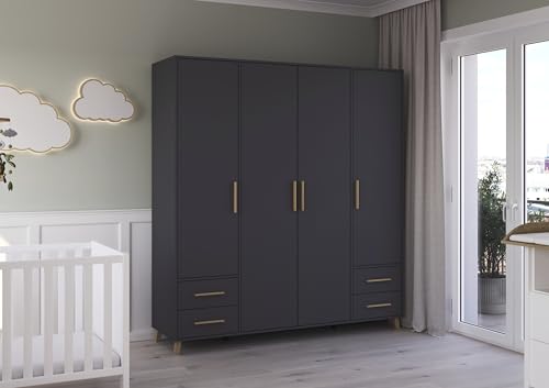 Rauch Möbel Shinjo Kleiderschrank 4-türig – 4 Schubladen, Massivholzfüße, Grau metallic/Schwarz, 187×203×53