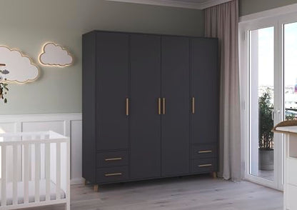 Rauch Möbel Shinjo Kleiderschrank 4-türig – 4 Schubladen, Massivholzfüße, Grau metallic/Schwarz, 187×203×53