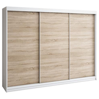 A&J MöbelLand Mero Schwebetürenschrank 200 cm – 3 Türen, 4 Schubladen, Weiß/Sonoma