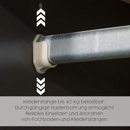 Rauch Möbel Shinjo Kleiderschrank 4-türig – 4 Schubladen, Massivholzfüße, Grau metallic/Schwarz, 187×203×53