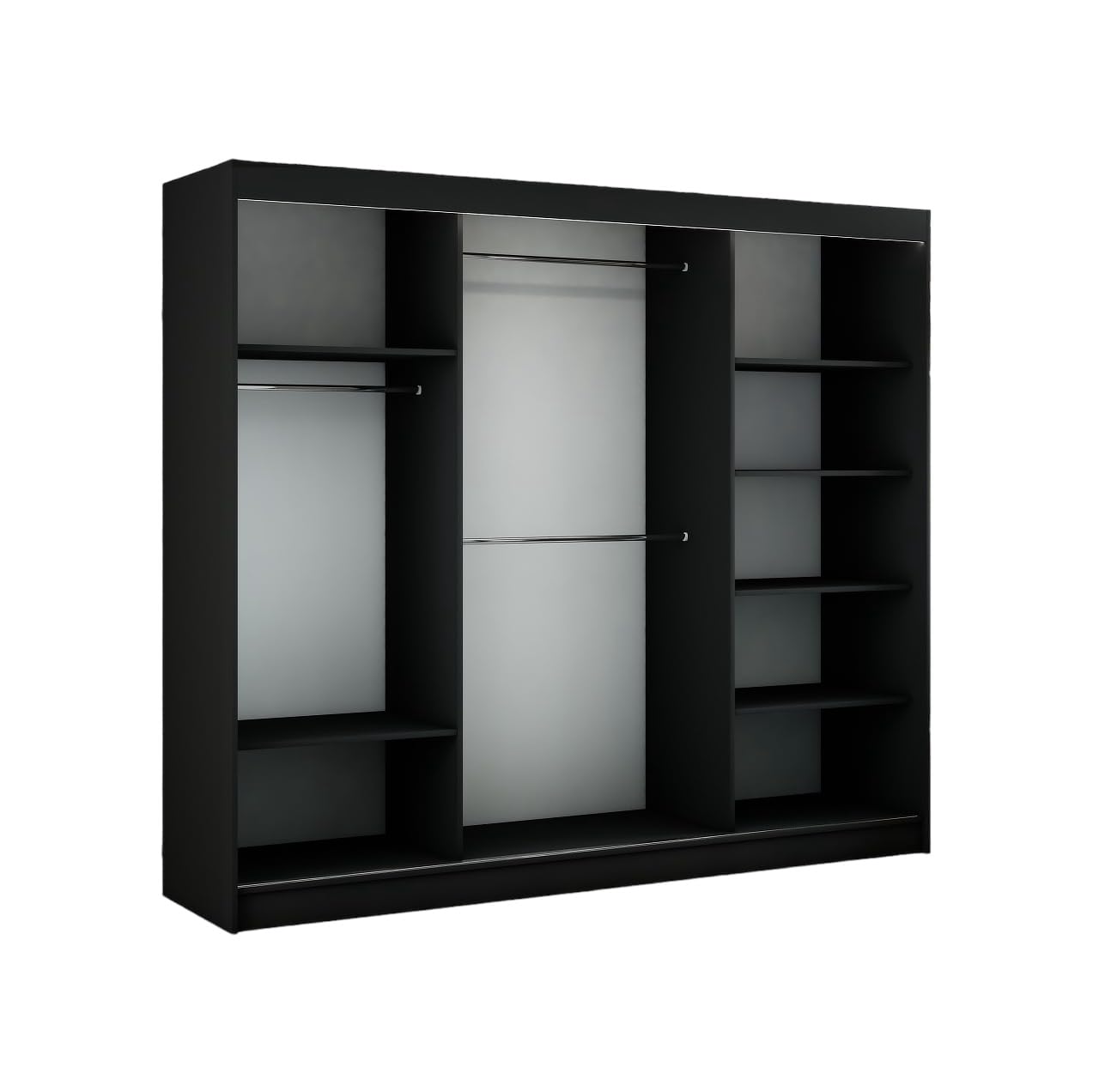 Hadas24 Kleiderschrank Lili Schwebetür – Lamellen, Kleiderstange, 250 cm, Schwarz/Braun