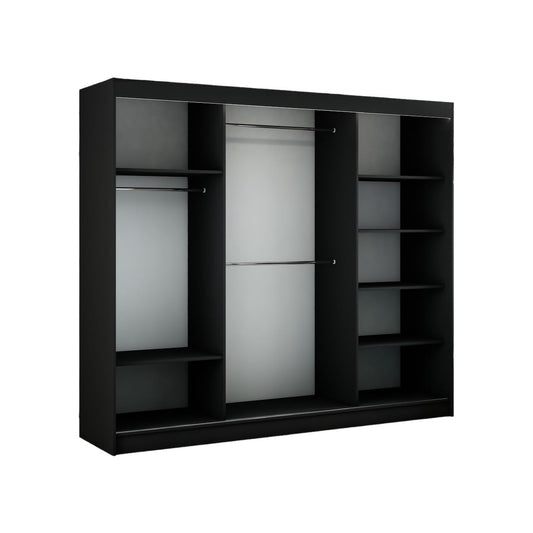 Hadas24 Kleiderschrank Lili Schwebetür – Lamellen, Kleiderstange, 250 cm, Schwarz/Braun