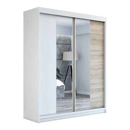 A&J MöbelLand ELEGANZA Schwebetürenschrank 180 cm – 2 Türen, Schubladen + Spiegel, Weiß/Sonoma