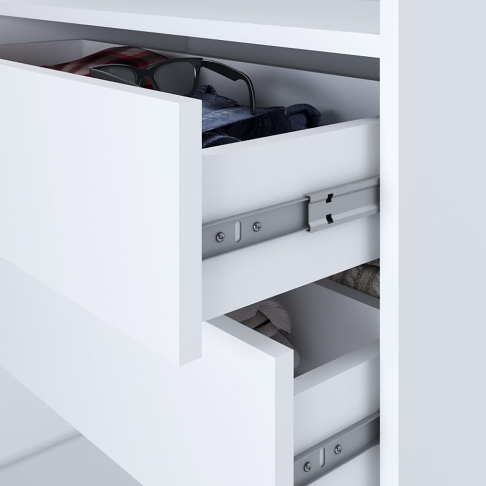 A&J MöbelLand Nero Schwebetürenschrank 200 cm – 2 Türen, Schubladen + Spiegel, Weiß/Sonoma