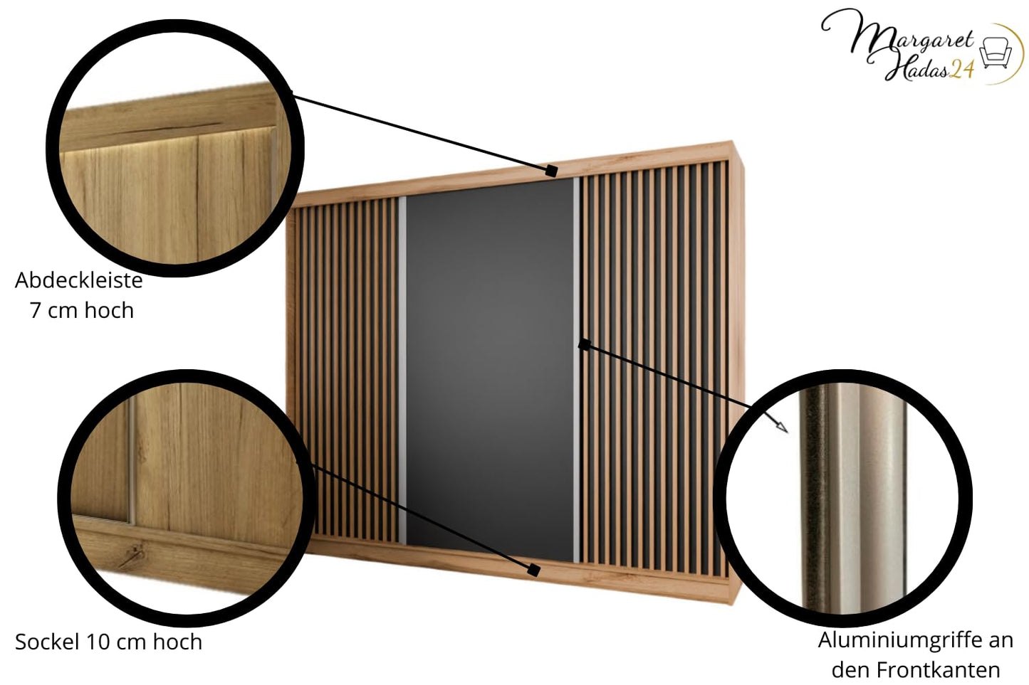 Hadas24 Kleiderschrank Lili Schwebetür – Lamellen, Kleiderstange, 250 cm, Schwarz/Braun