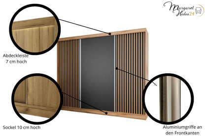 Hadas24 Kleiderschrank Lili Schwebetür – Lamellen, Kleiderstange, 250 cm, Schwarz/Braun