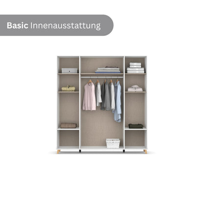 Rauch Möbel Shinjo Kleiderschrank 4-türig – 4 Schubladen, Massivholzfüße, Grau metallic/Schwarz, 187×203×53