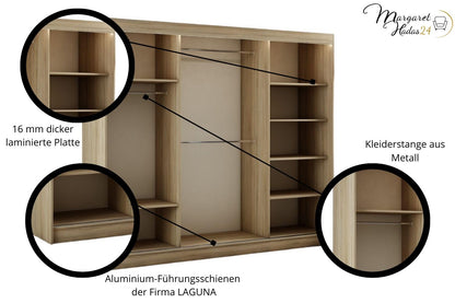 Hadas24 Kleiderschrank Lili Schwebetür – Lamellen, Kleiderstange, 250 cm, Schwarz/Braun