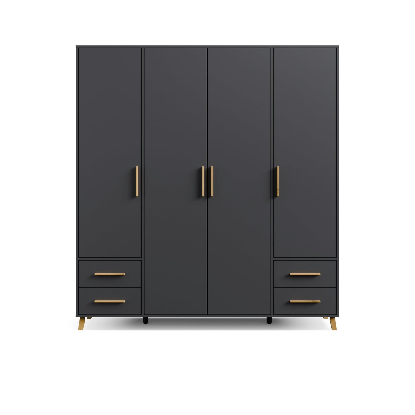 Rauch Möbel Shinjo Kleiderschrank 4-türig – 4 Schubladen, Massivholzfüße, Grau metallic/Schwarz, 187×203×53