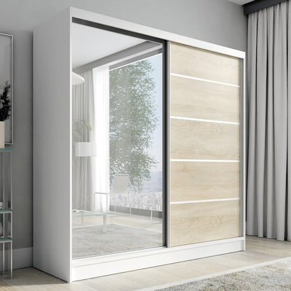 A&J MöbelLand Nero Schwebetürenschrank 200 cm – 2 Türen, Schubladen + Spiegel, Weiß/Sonoma