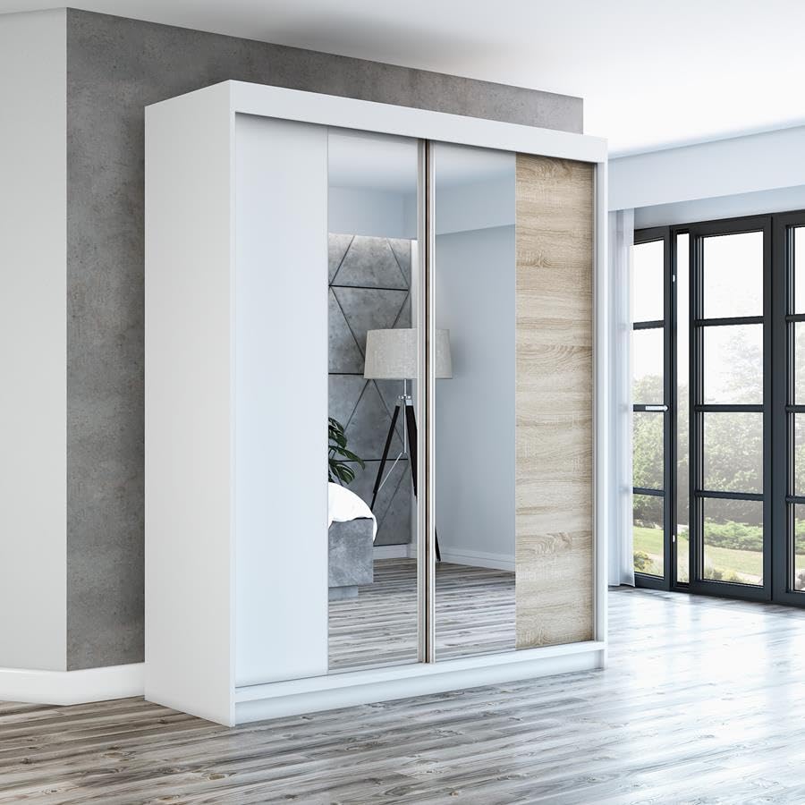 A&J MöbelLand ELEGANZA Schwebetürenschrank 180 cm – 2 Türen, Schubladen + Spiegel, Weiß/Sonoma