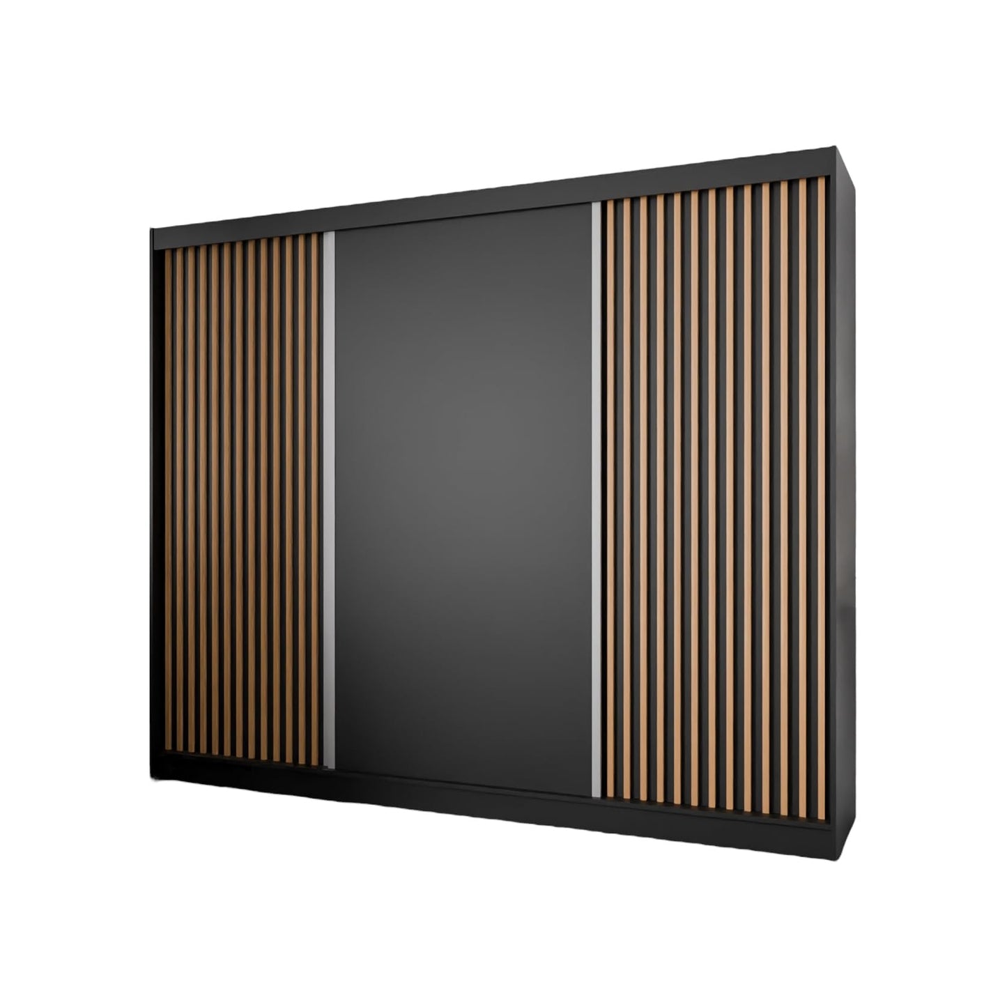 Hadas24 Kleiderschrank Lili Schwebetür – Lamellen, Kleiderstange, 250 cm, Schwarz/Braun