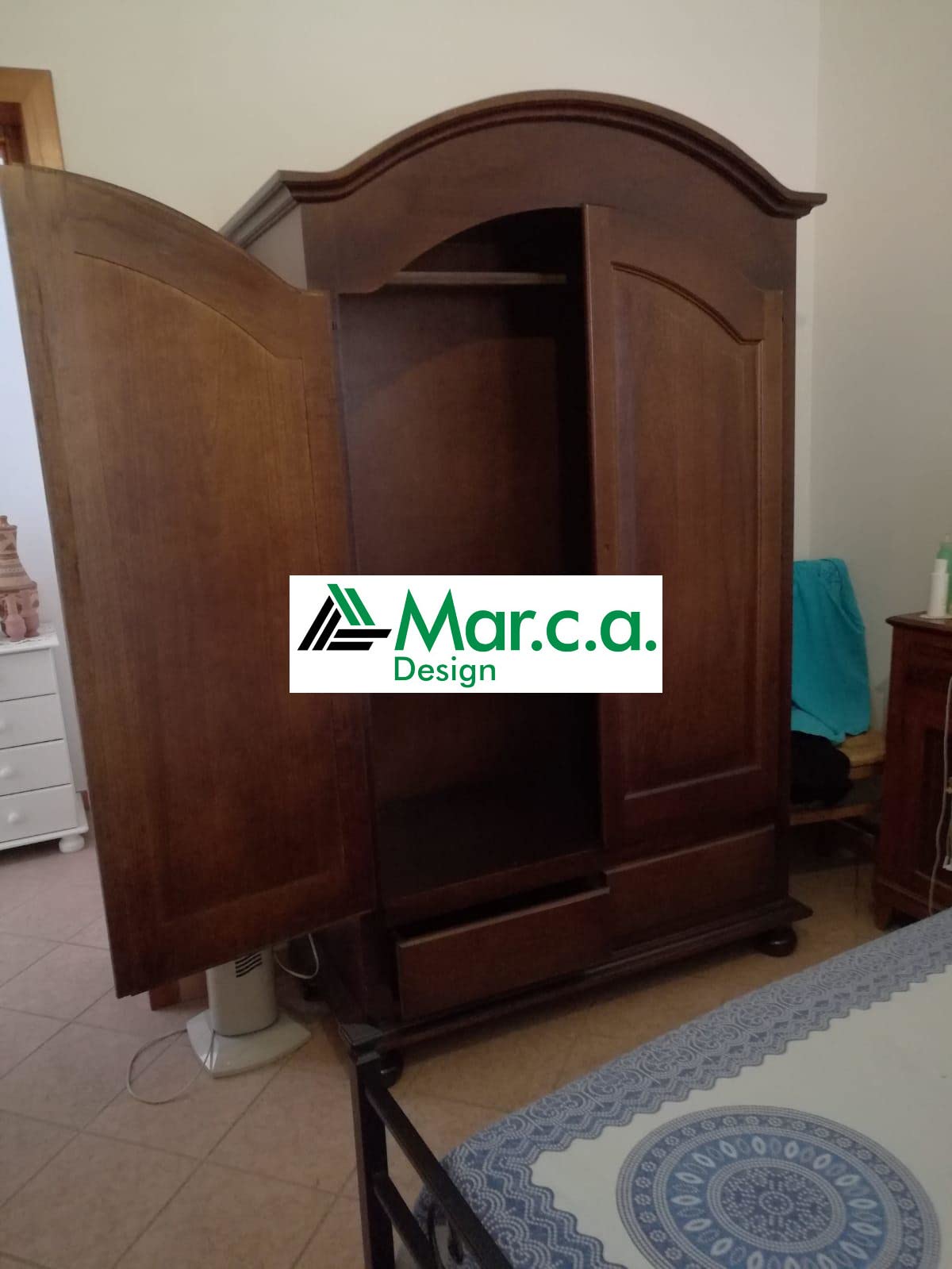 Kleiderschrank 2 Türen + 2 Schubladen – Arte Povera, Pappelholz Nussbaum, 125×61×200 cm