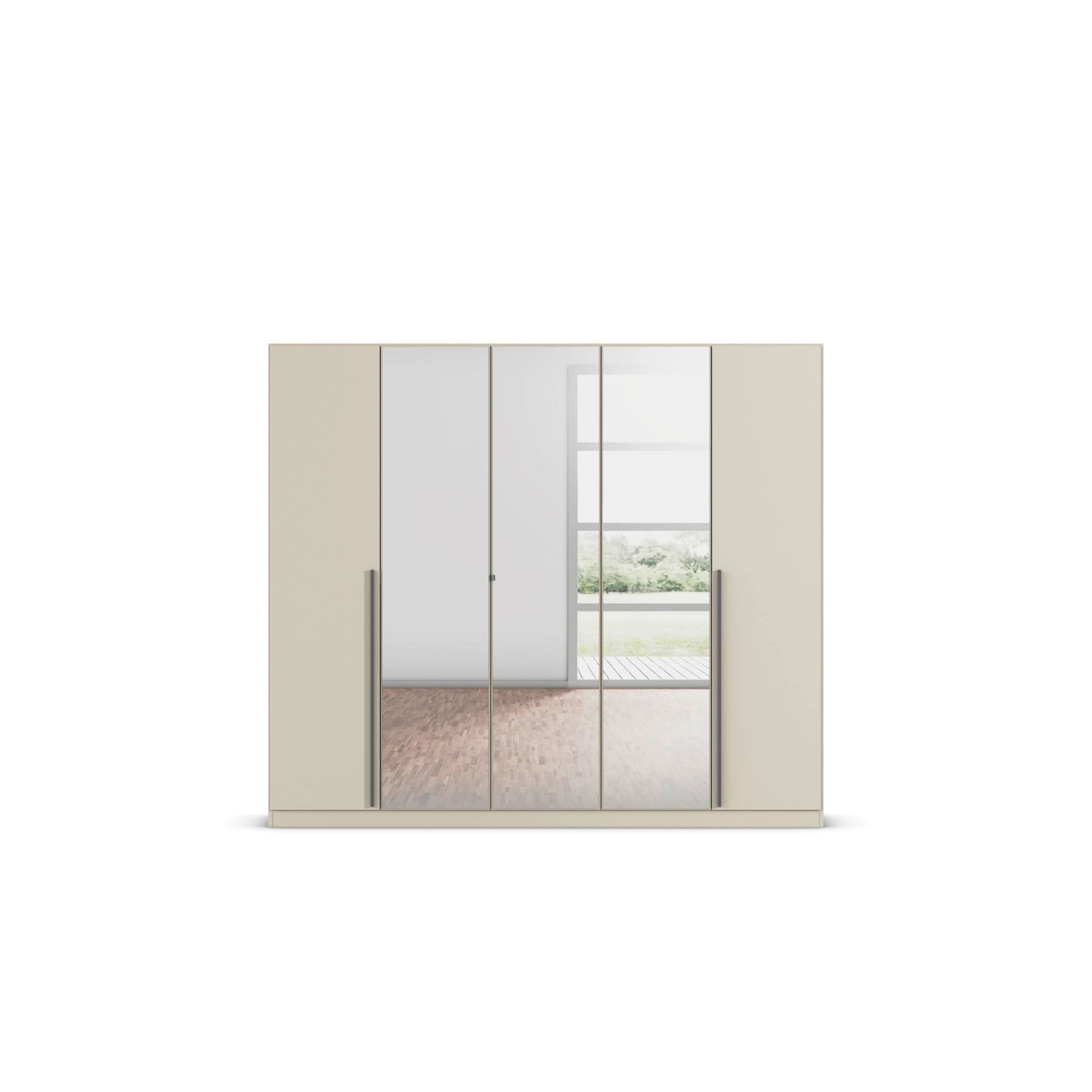 Rauch Möbel Alba Kleiderschrank 5-türig mit Spiegel – 3 Stangen, 3 Böden, Champagner/Beige, 226×197×54