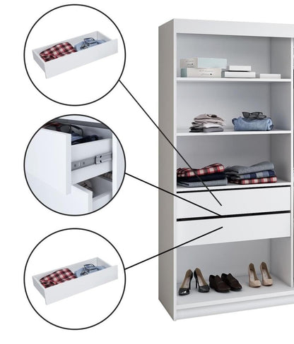 A&J MöbelLand ELEGANZA Schwebetürenschrank 180 cm – 2 Türen, Schubladen + Spiegel, Weiß/Sonoma