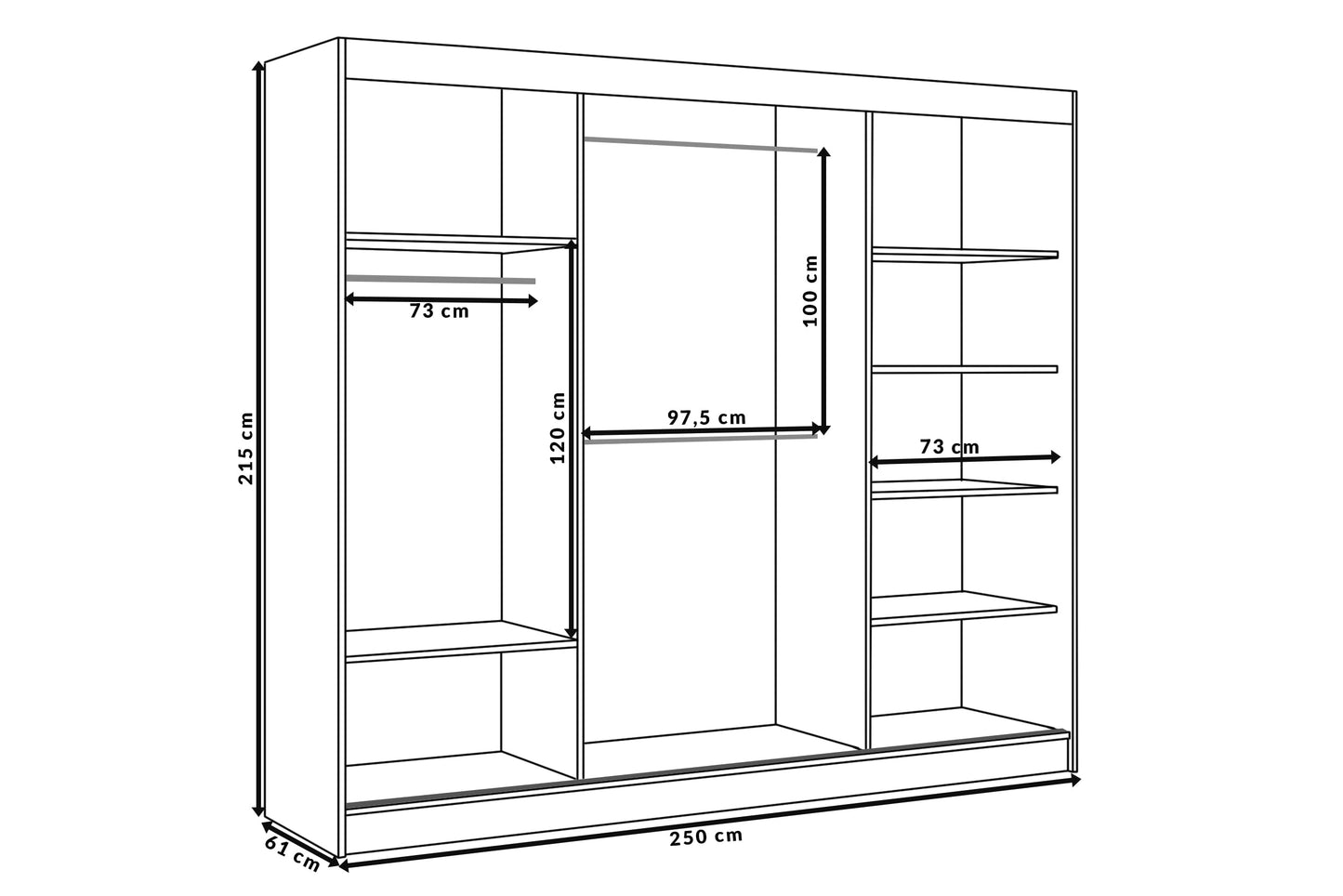 Hadas24 Kleiderschrank Lili Schwebetür – Lamellen, Kleiderstange, 250 cm, Schwarz/Braun