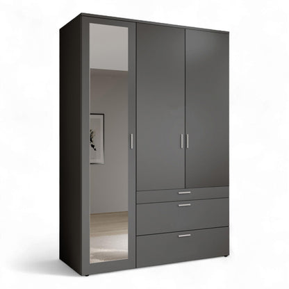 Stella Trading VESALA Kleiderschrank 3-türig mit Spiegeltür – Graphit, Drehtüren, 135×195×56 cm