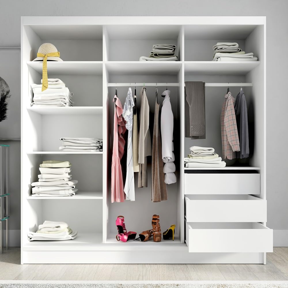 A&J MöbelLand Nero Schwebetürenschrank 200 cm – 2 Türen, Schubladen + Spiegel, Weiß/Sonoma