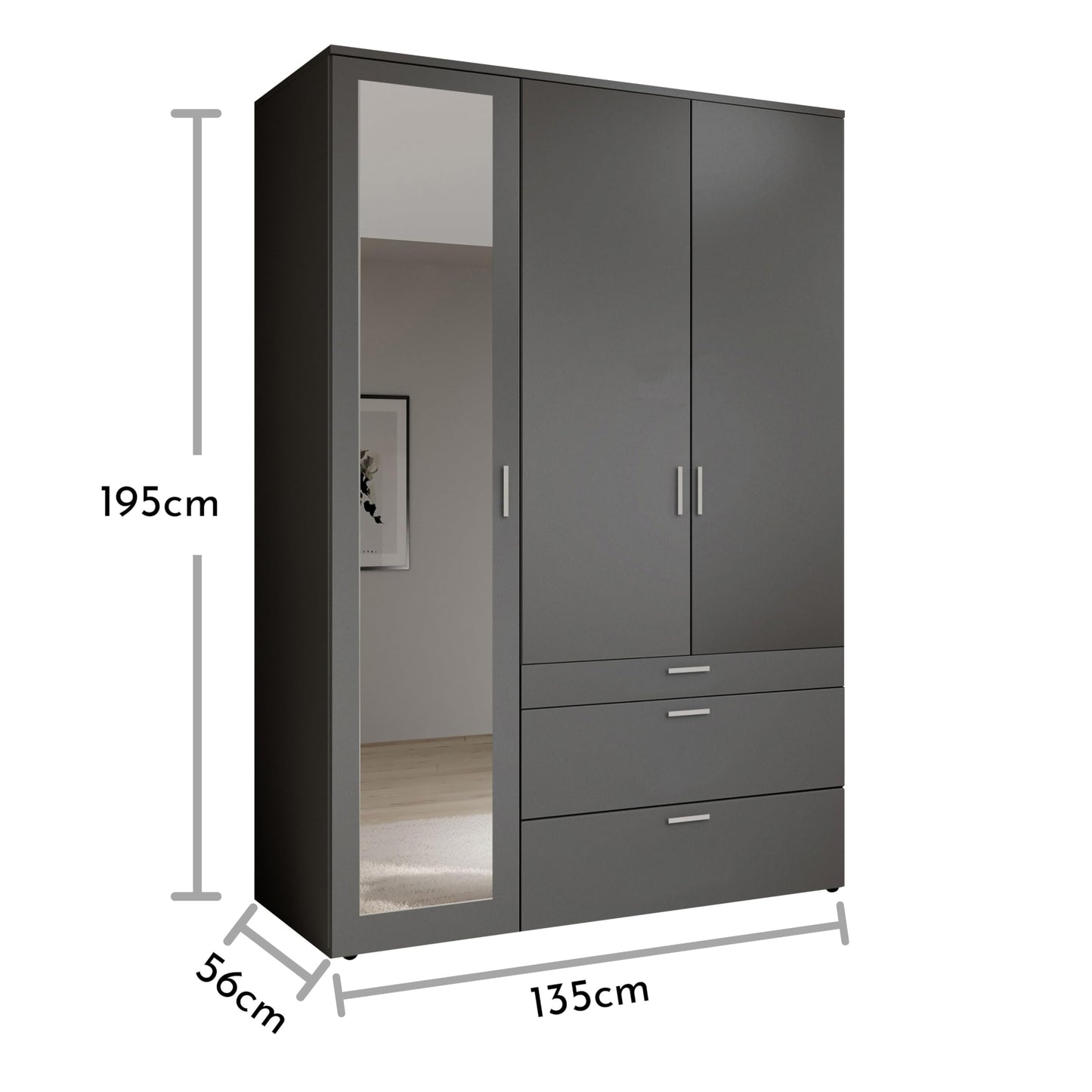 Stella Trading VESALA Kleiderschrank 3-türig mit Spiegeltür – Graphit, Drehtüren, 135×195×56 cm