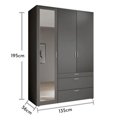 Stella Trading VESALA Kleiderschrank 3-türig mit Spiegeltür – Graphit, Drehtüren, 135×195×56 cm