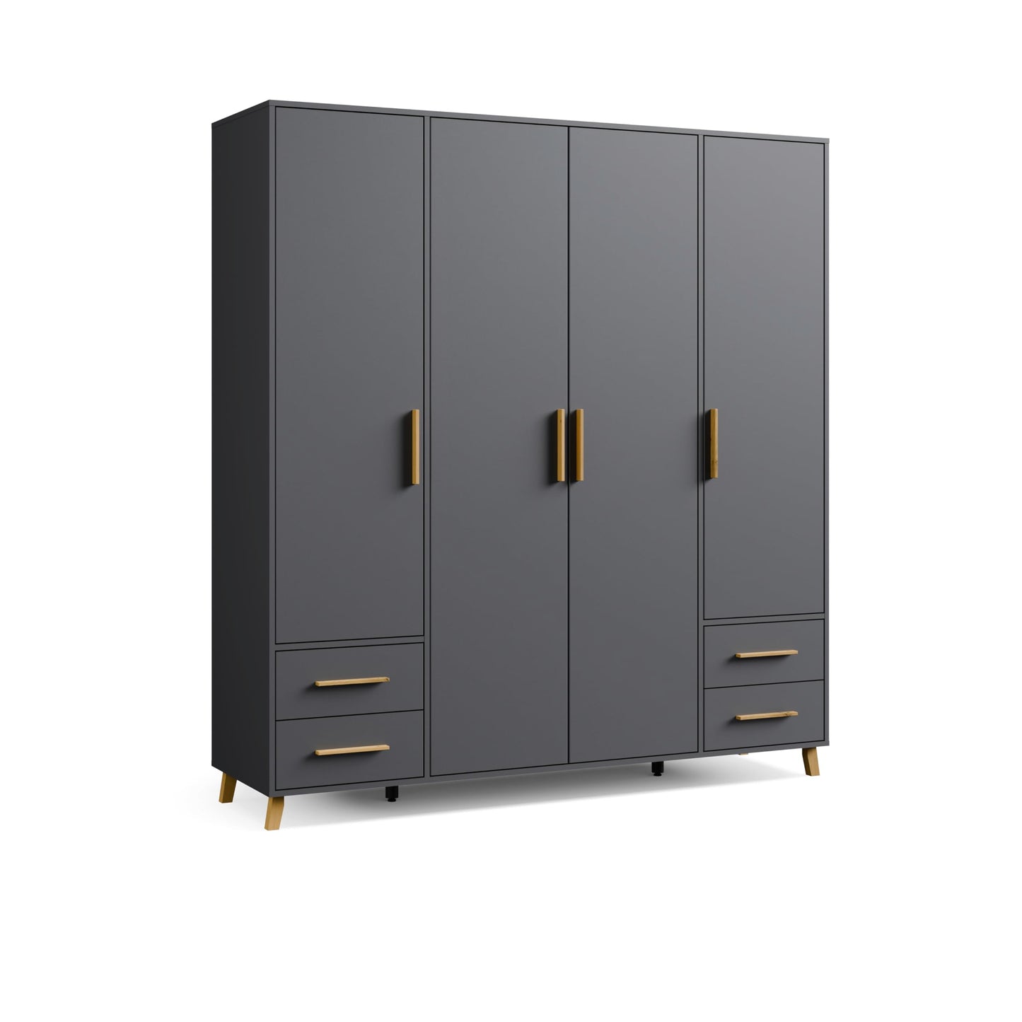 Rauch Möbel Shinjo Kleiderschrank 4-türig – 4 Schubladen, Massivholzfüße, Grau metallic/Schwarz, 187×203×53
