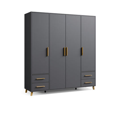 Rauch Möbel Shinjo Kleiderschrank 4-türig – 4 Schubladen, Massivholzfüße, Grau metallic/Schwarz, 187×203×53