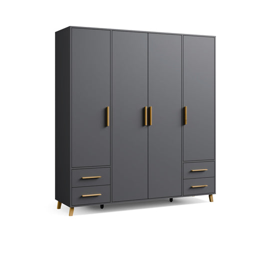 Rauch Möbel Shinjo Kleiderschrank 4-türig – 4 Schubladen, Massivholzfüße, Grau metallic/Schwarz, 187×203×53