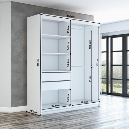 A&J MöbelLand ELEGANZA Schwebetürenschrank 180 cm – 2 Türen, Schubladen + Spiegel, Weiß/Sonoma