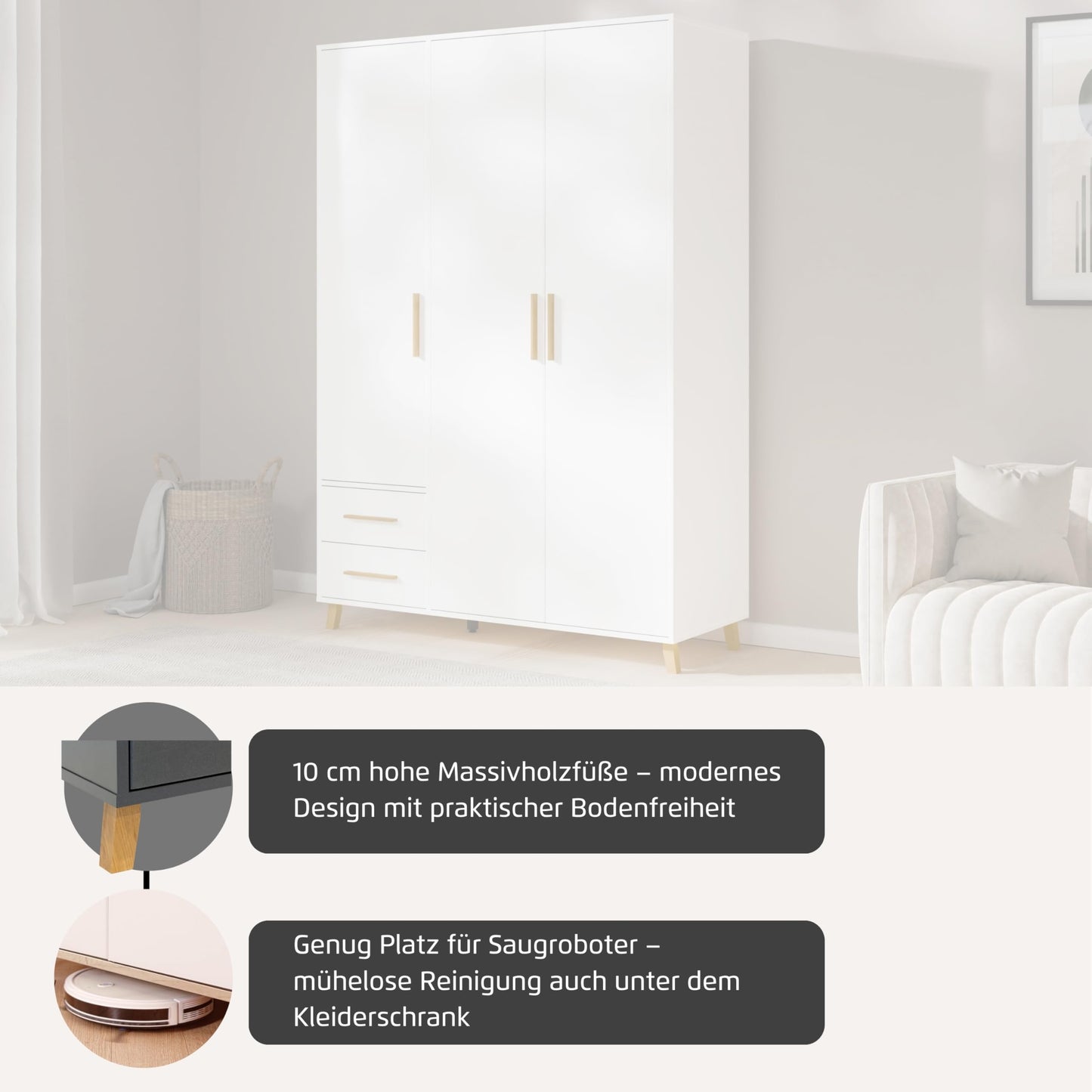 Rauch Möbel Shinjo Kleiderschrank 4-türig – 4 Schubladen, Massivholzfüße, Grau metallic/Schwarz, 187×203×53