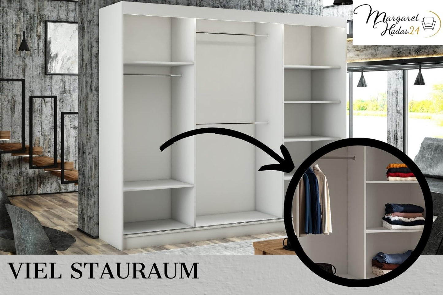 Hadas24 Kleiderschrank Lili Schwebetür – Lamellen, Kleiderstange, 250 cm, Schwarz/Braun