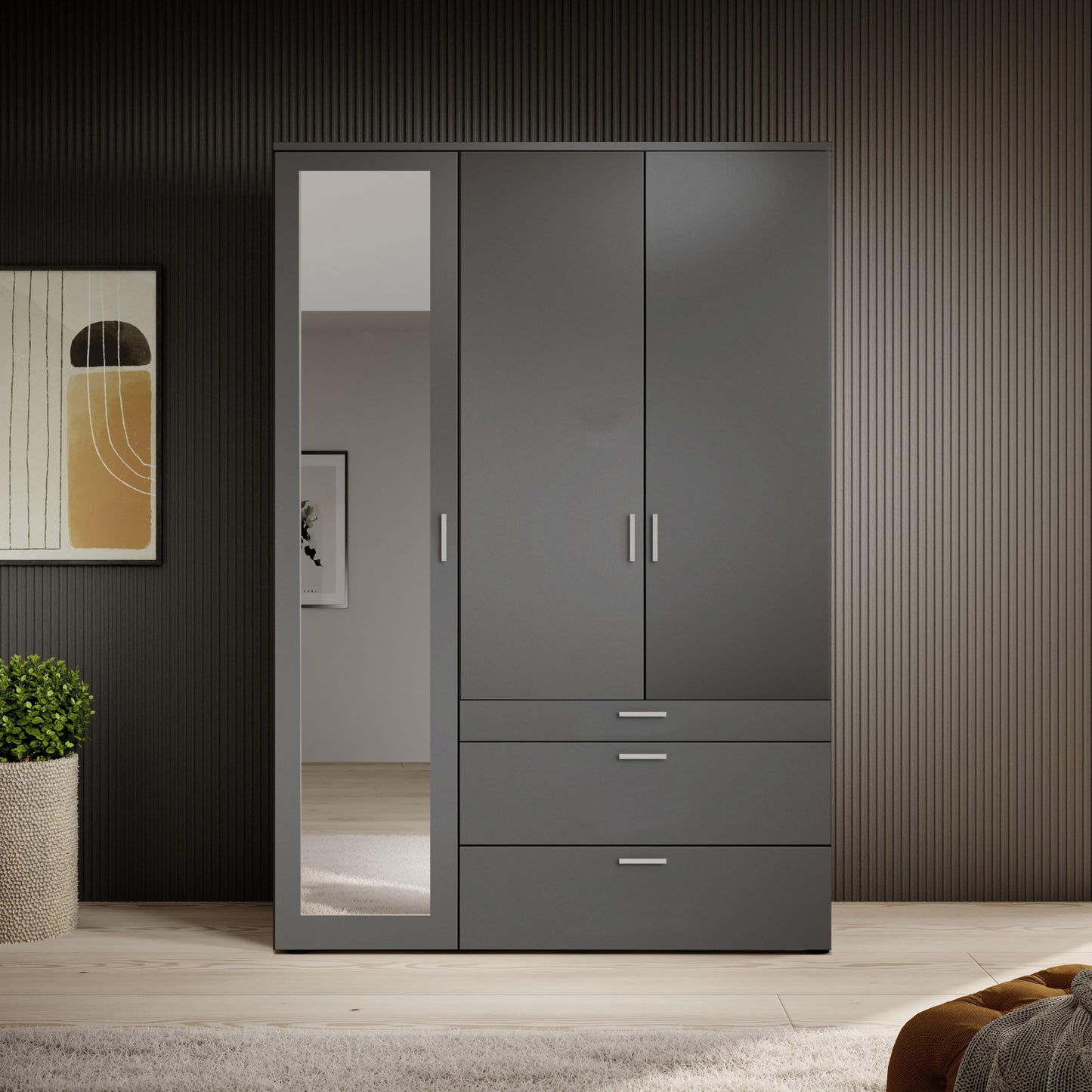 Stella Trading VESALA Kleiderschrank 3-türig mit Spiegeltür – Graphit, Drehtüren, 135×195×56 cm