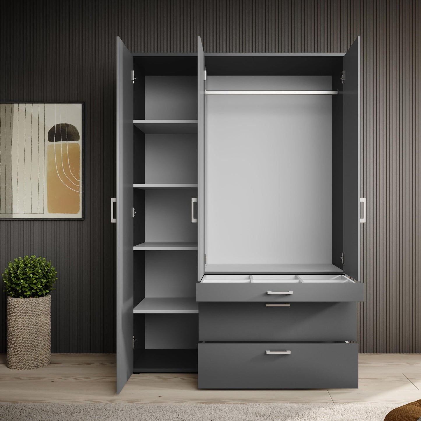 Stella Trading VESALA Kleiderschrank 3-türig mit Spiegeltür – Graphit, Drehtüren, 135×195×56 cm