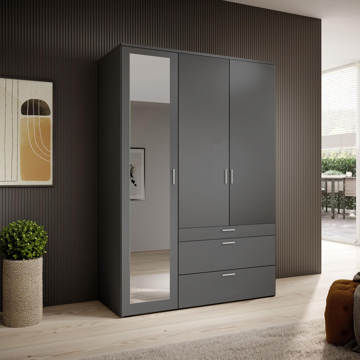 Stella Trading VESALA Kleiderschrank 3-türig mit Spiegeltür – Graphit, Drehtüren, 135×195×56 cm